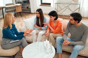 a family of three sits on a couch as the mother of the family talks to therapist who sits in a chair near the family in their family therapy program