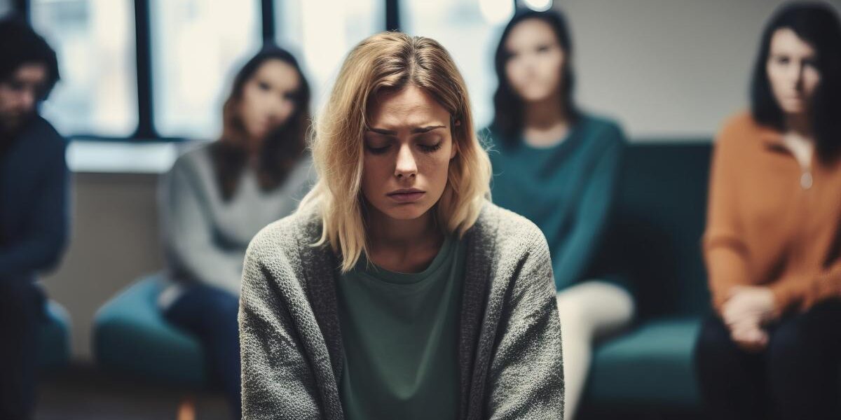 How to Spot an Alcoholic Face an upset woman sits slumped over wondering how to spot an alcoholic face while other people sit on a couches behind her