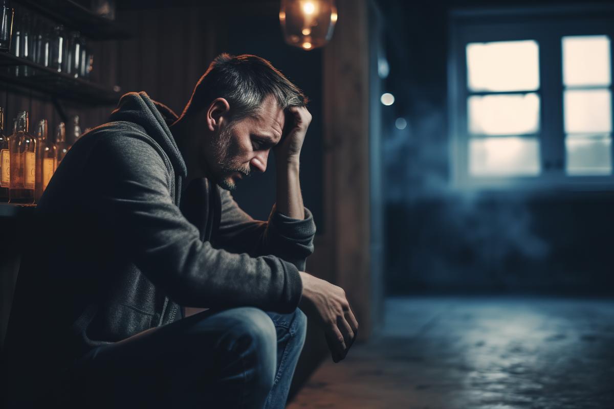 distraught man sits down on the ground with his head resting on his hand while wondering what is a dab