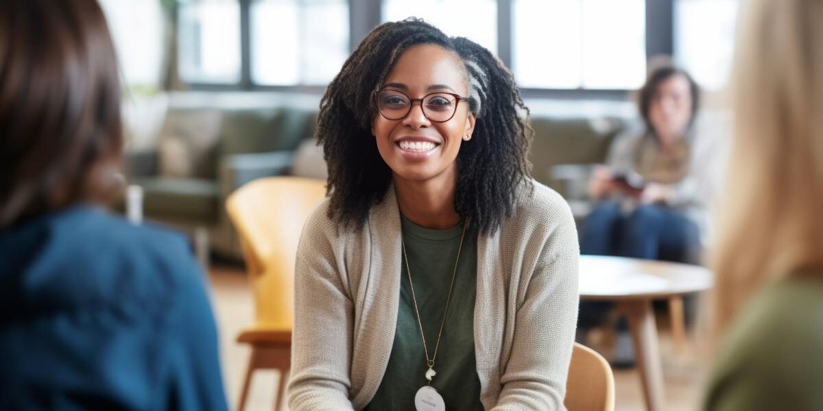 How to Choose the Right PHP Drug Rehab in Washington State a woman wearing glasses sits with other people in a php drug rehab and attend a group therapy session